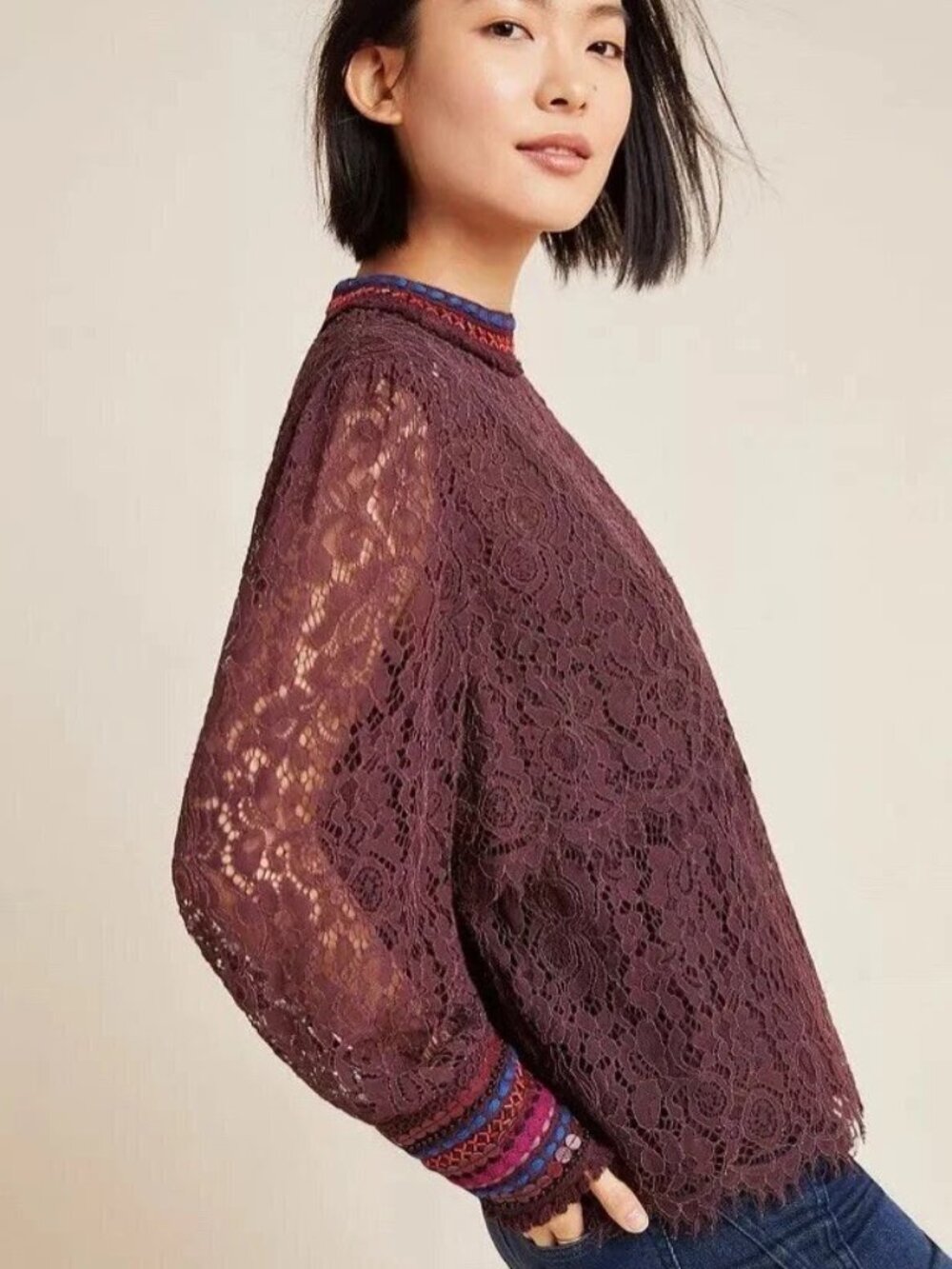 Bl^nk London Anthropologie Purple Lace Beaded Cuff Top XS Boho India - Picture 2 of 12